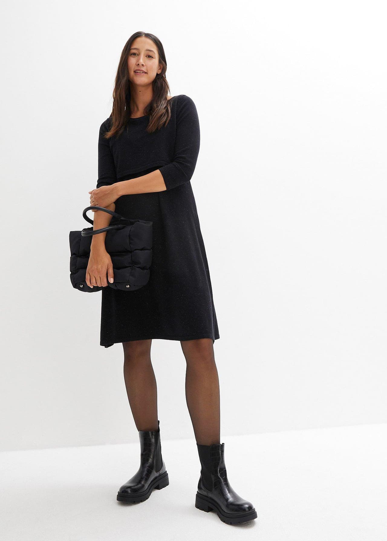 Stickad mamma-/amningsklänning med glansigt garn