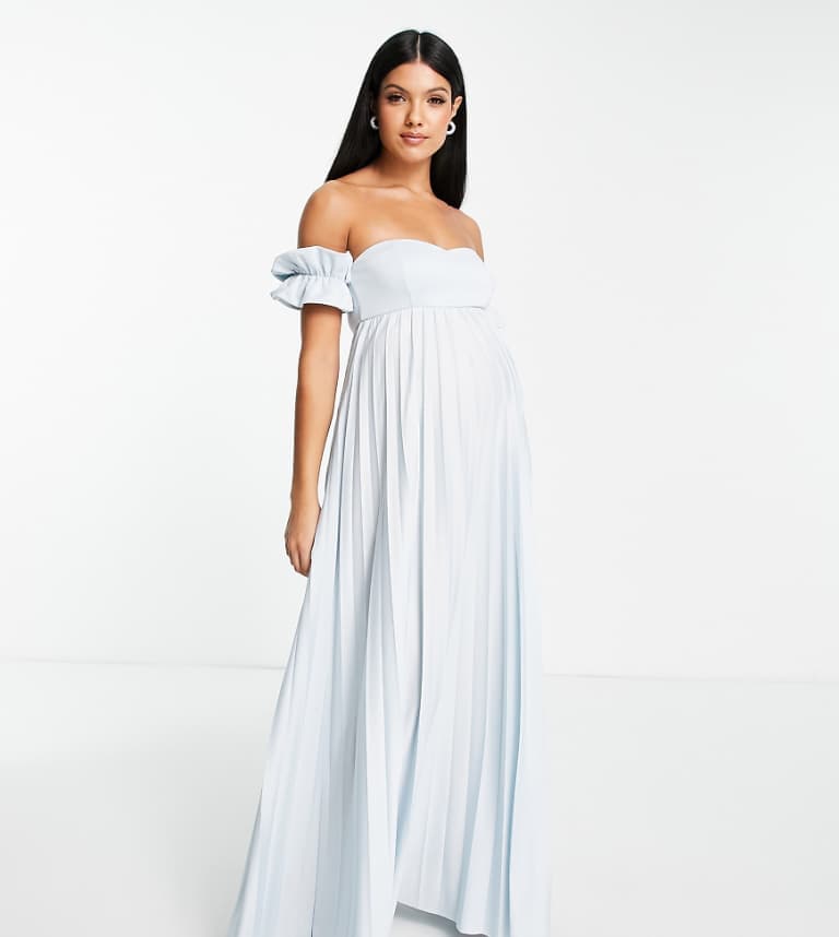 ASOS DESIGN Maternity – Blå plisserad maxiklänning med bardotmönster från ASOS Maternity