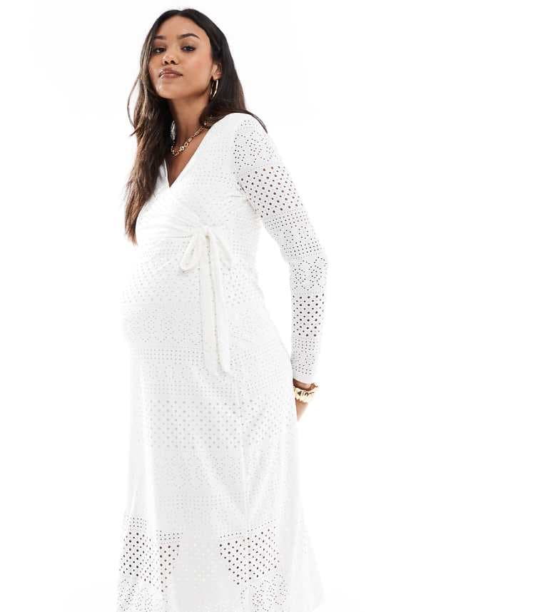 Mamalicious gravid jersey broderie wrap midi-klänning i vitt från Mamalicious